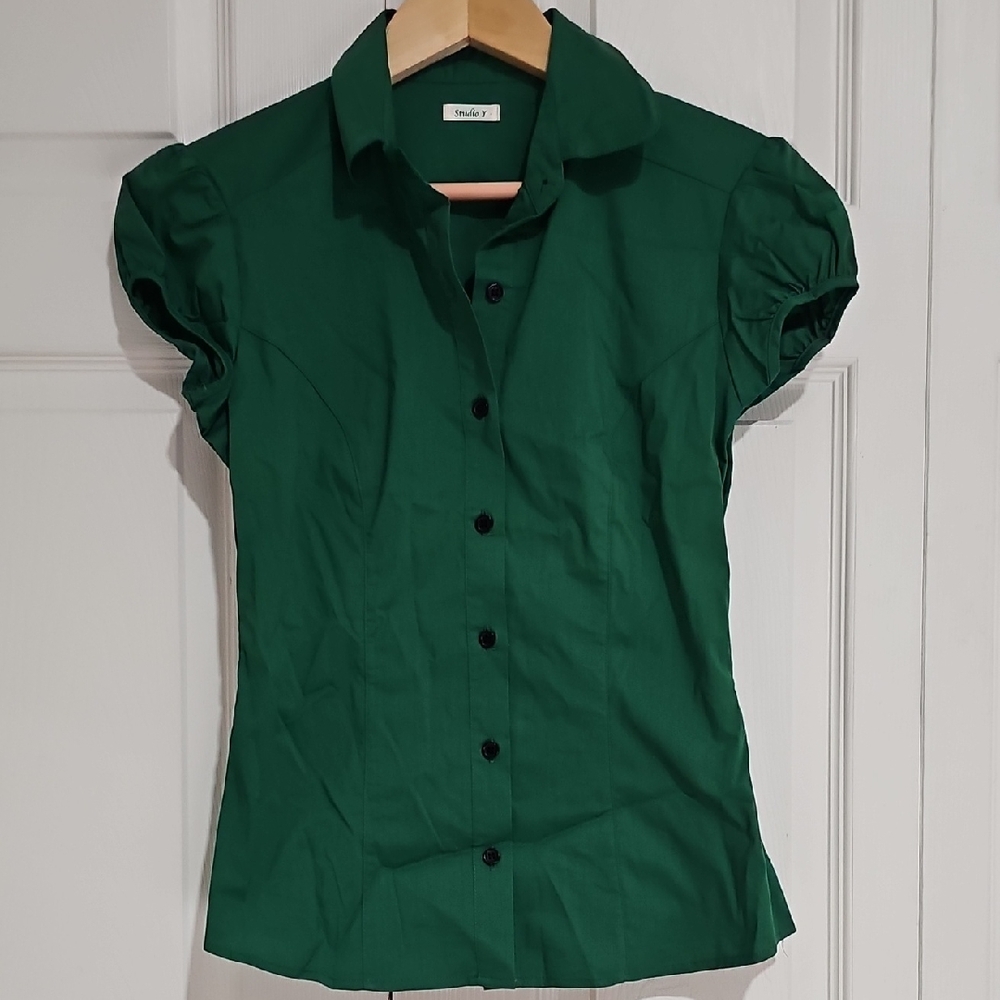 Studio Y Green Puff Sleeve Button-Down Blouse Size S
